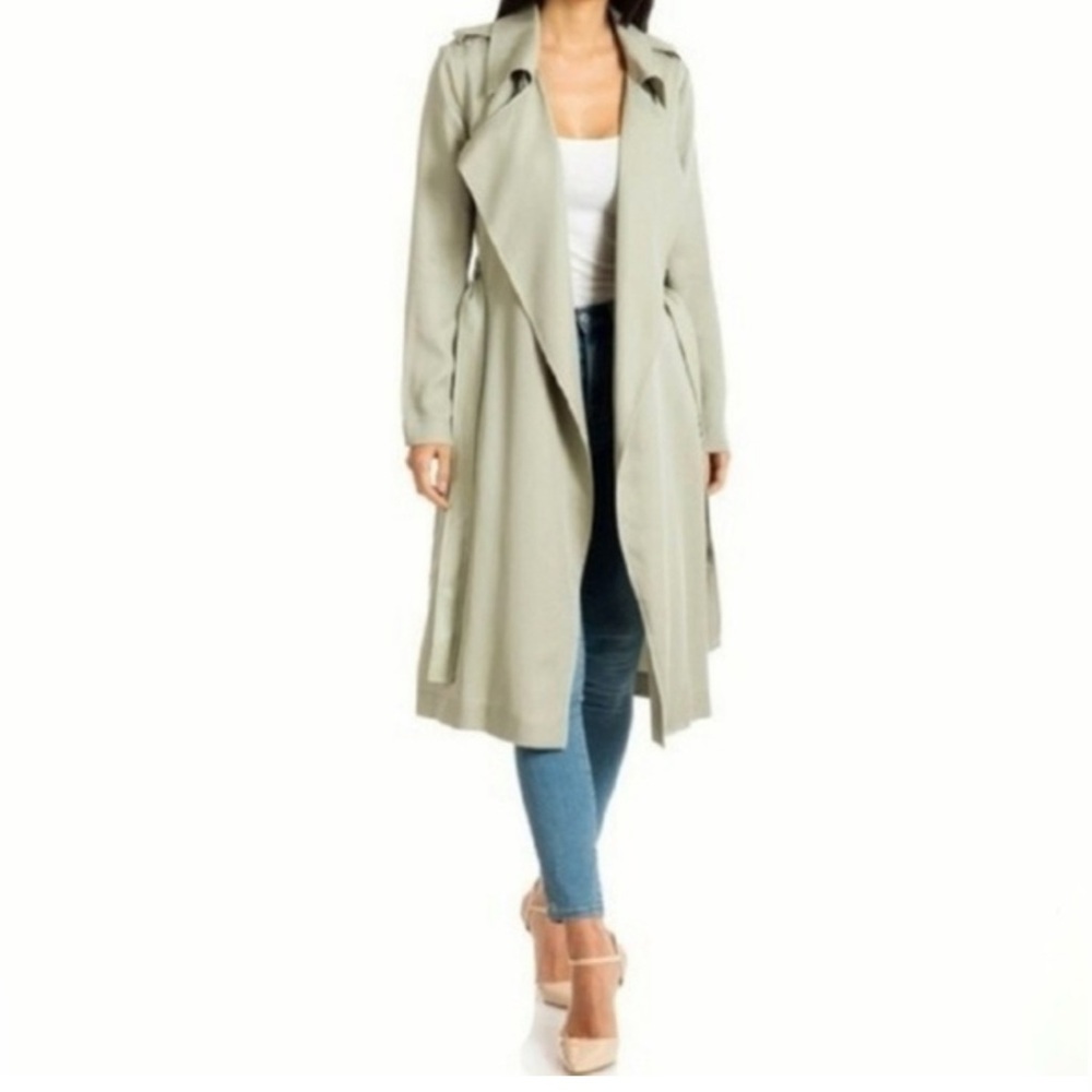Badgley Mischka Faux Leather Trim Angelina Long Trench Coat in Sage Light Green - Picture 2 of 9